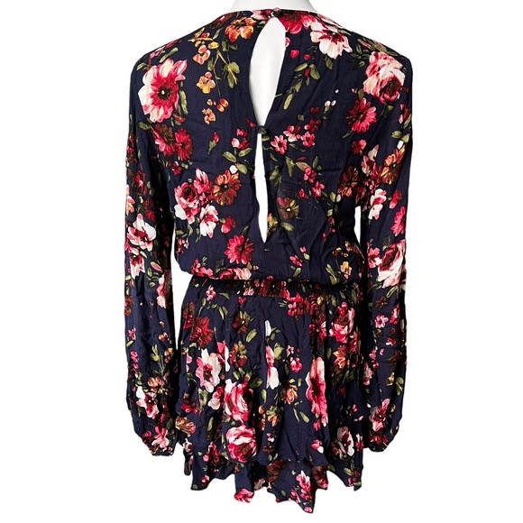 NWT, BluIvy Navy Floral Tiered Ruffle Hem Cinch Waist Dress, sz S - Picture 4 of 12